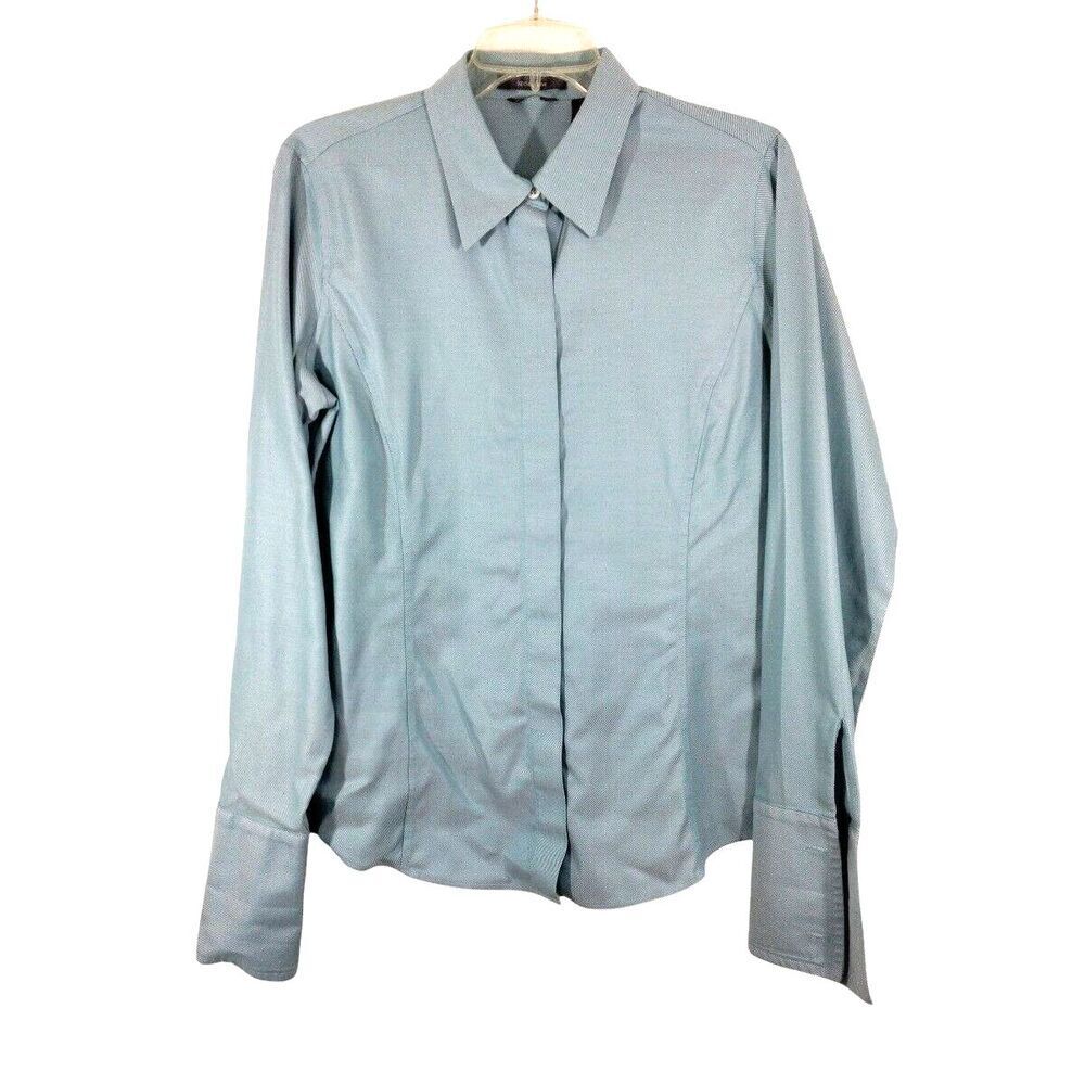 Liz Clayborne Size 12 Blue Top Button Front Cuff Sleeve Hidden Button No Iron